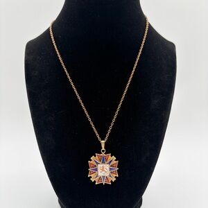 Vintage Enamel Crest Pendant Necklace Gold Tone Red-Blue Heraldic Medallion